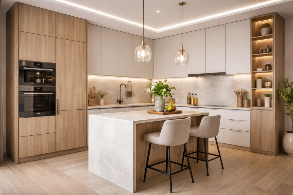 Bucătării la comandă în Brașov | Mobilier modern cu insulă și electrocasnice încorporate