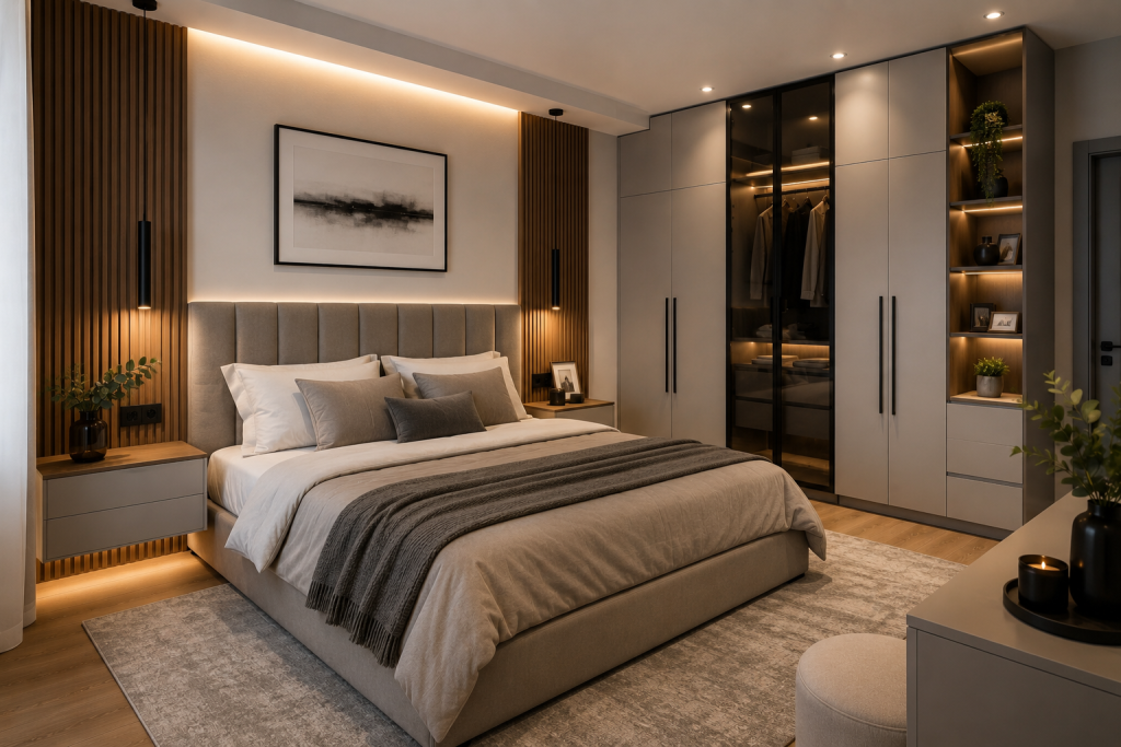 Dormitor modern amenajat cu mobilier la comandă, pat tapițat, dressing integrat și iluminare LED ambientală în nuanțe calde.