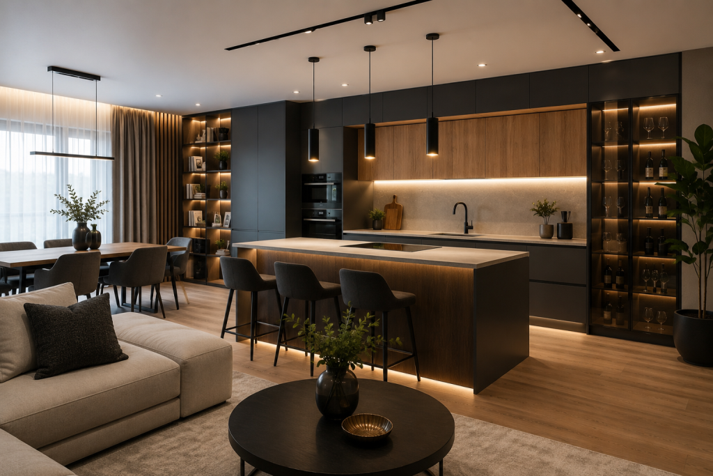 Amenajare open-space cu bucătărie la comandă, insulă centrală, mobilier premium din MDF și living modern cu iluminare ambientală.