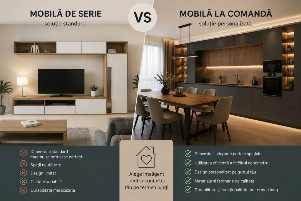 Comparație între mobilă de serie și mobilă la comandă, evidențiind avantajele mobilierului personalizat pentru locuințe moderne.